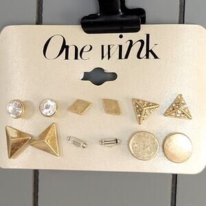 One Wink Gold Stud Earring Set 9 Pairs Geometric Crystal Shapes Free Gift Bag